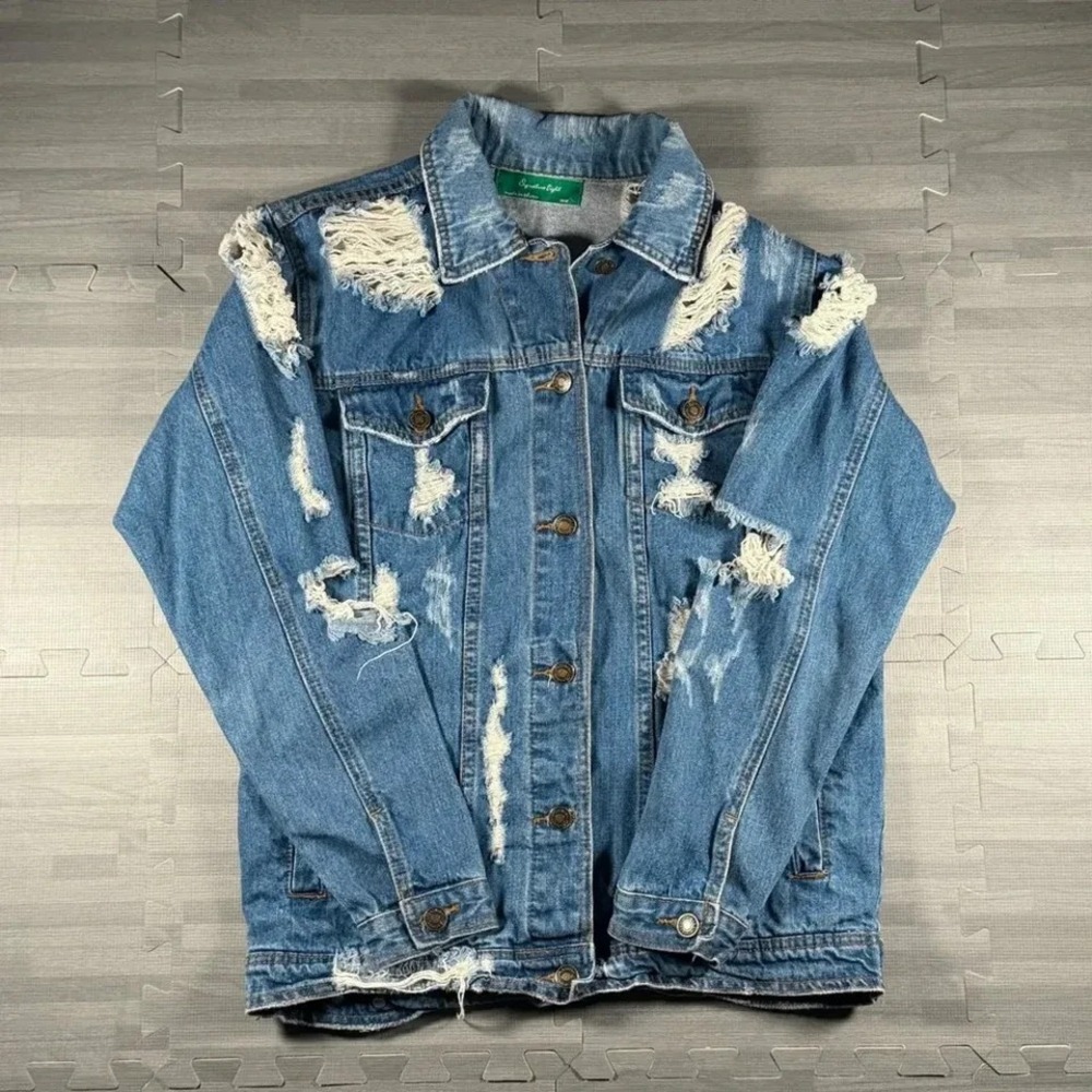 100% Cotton Distressed Denim Jacket | Frayed Y2K Vintage Style | M/L